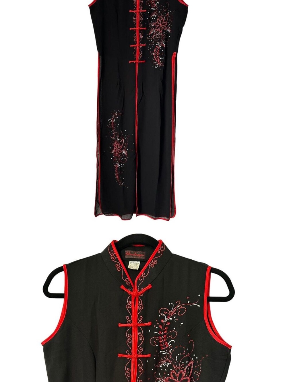 Silver Dragon Duster Sz. XXL Black Sleeveless Floral Embroidered Red Trim Button